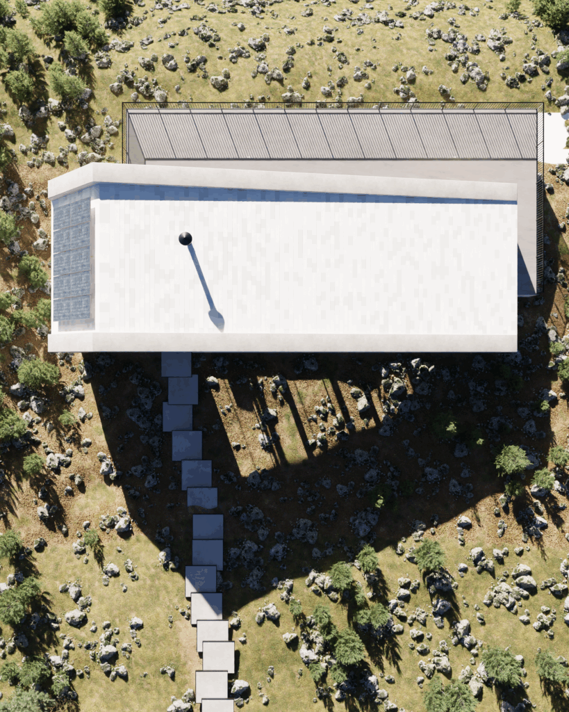 "Vista aérea de la cubierta y acceso de huellas de concreto en Casa Tapalpa"
