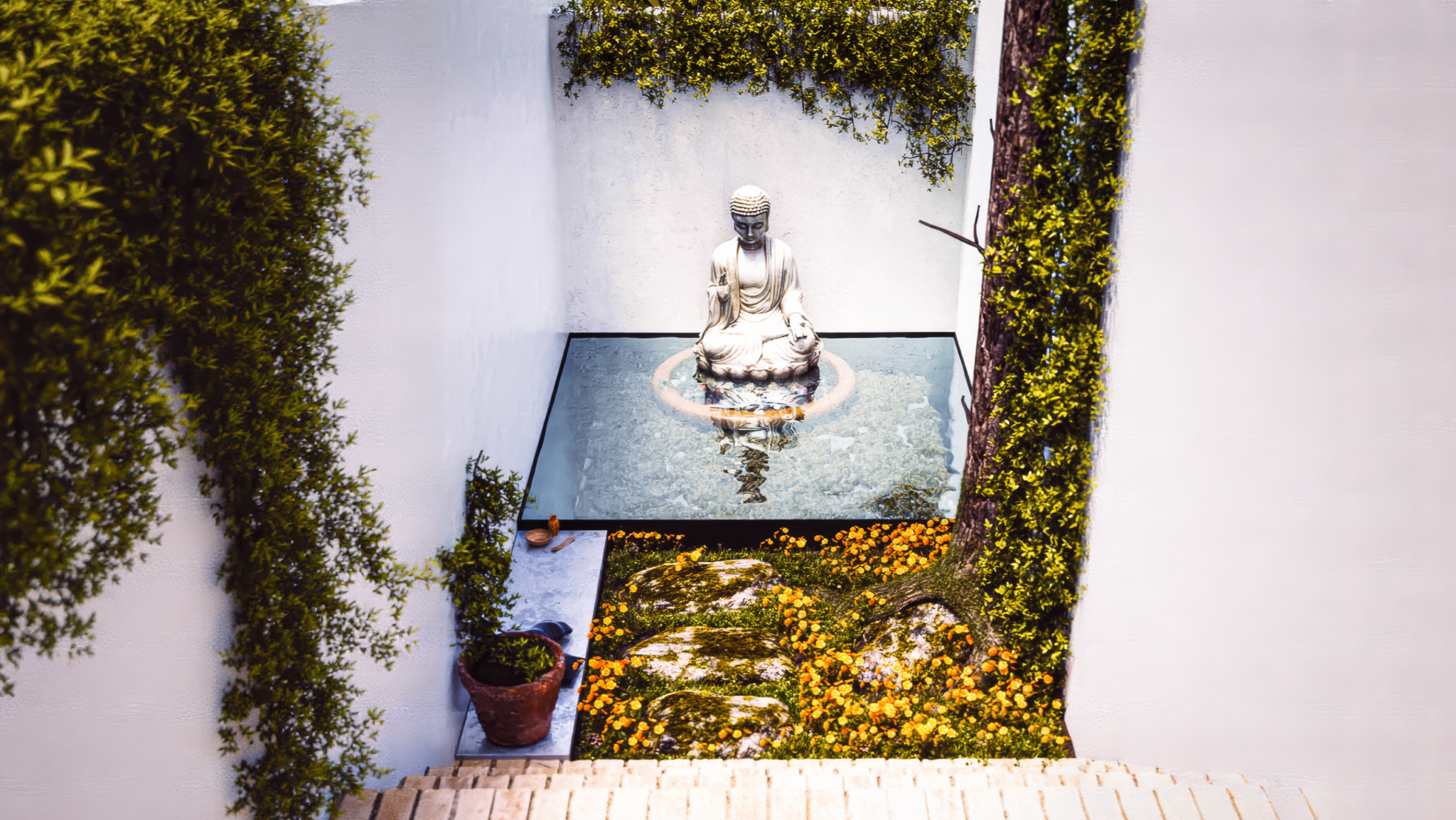 "Patio interior contemplativo con espejo de agua y escultura en Casa Blanco"
