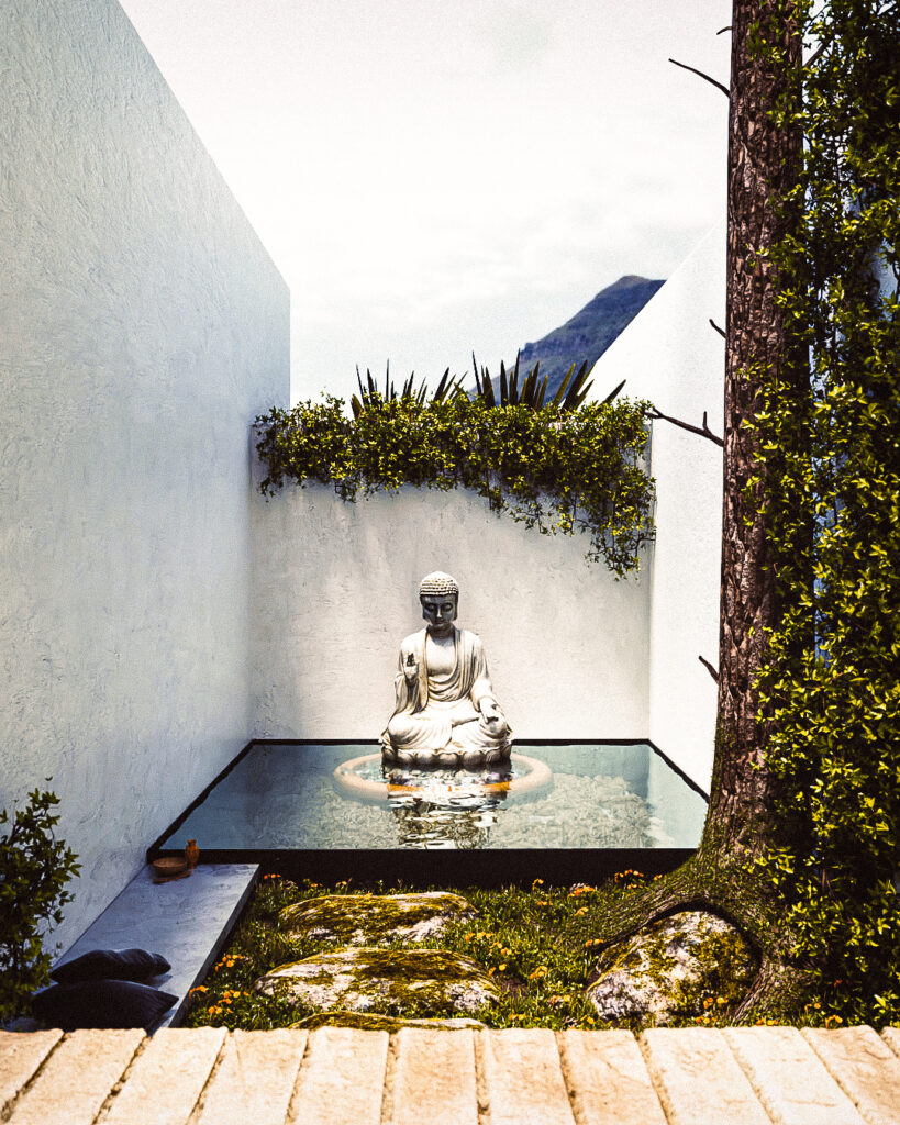 "Patio interior contemplativo con espejo de agua y escultura en Casa Blanco"