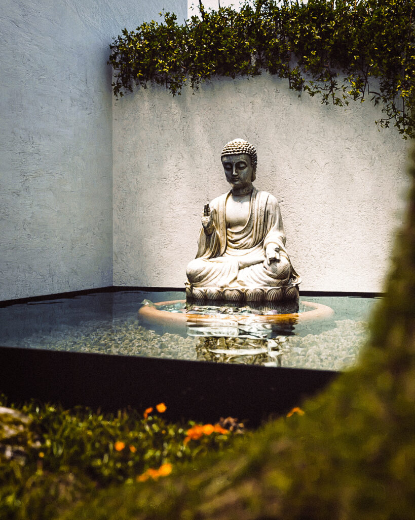 "Patio interior contemplativo con espejo de agua y escultura en Casa Blanco"
