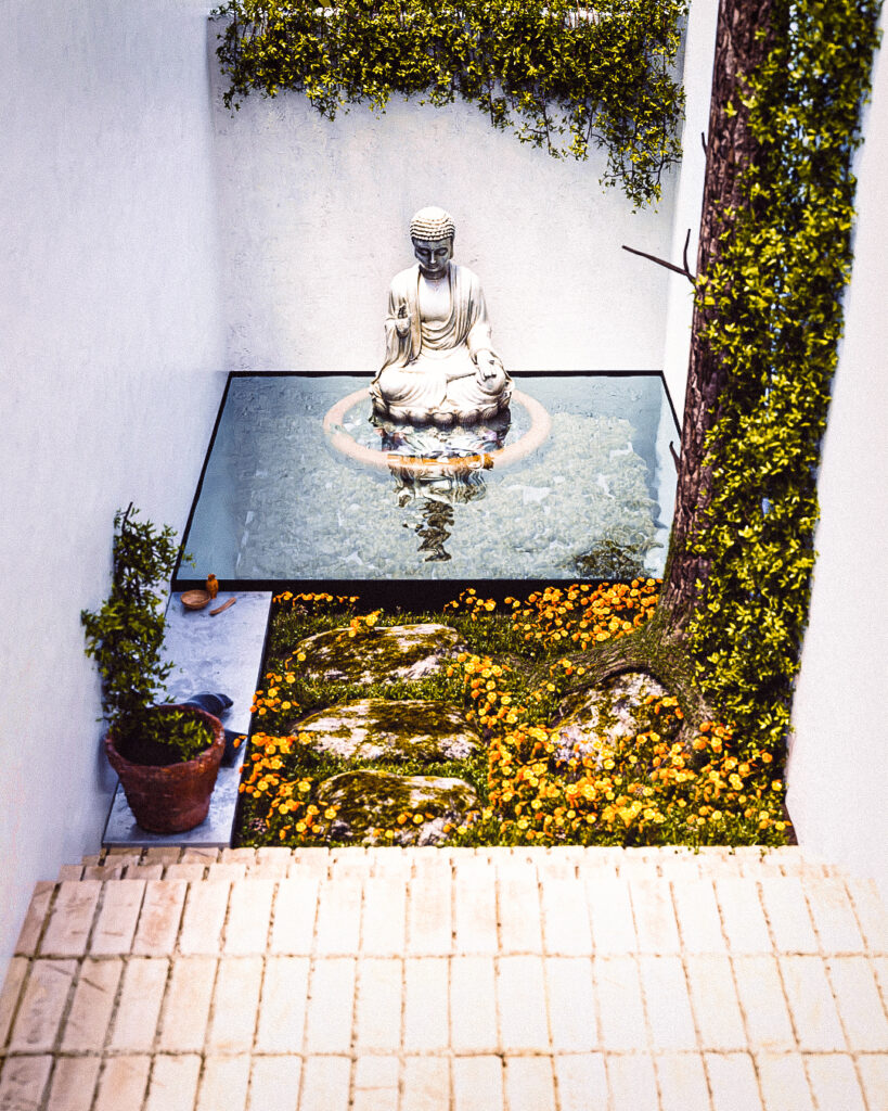 "Patio interior contemplativo con espejo de agua y escultura en Casa Blanco"