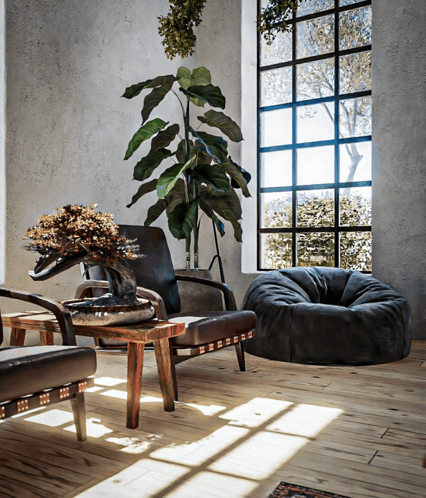 "Detalle de sala con sillones de cuero, mesa de centro con bonsai y puf en Casa Alta"