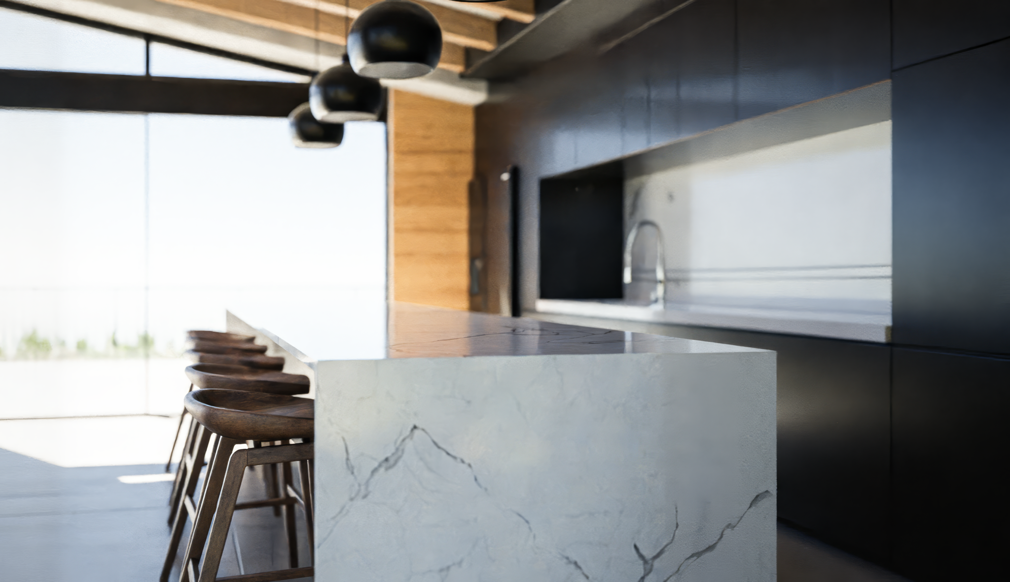 Cocina moderna con isla de mármol blanco, gabinetes negros y vigas de madera