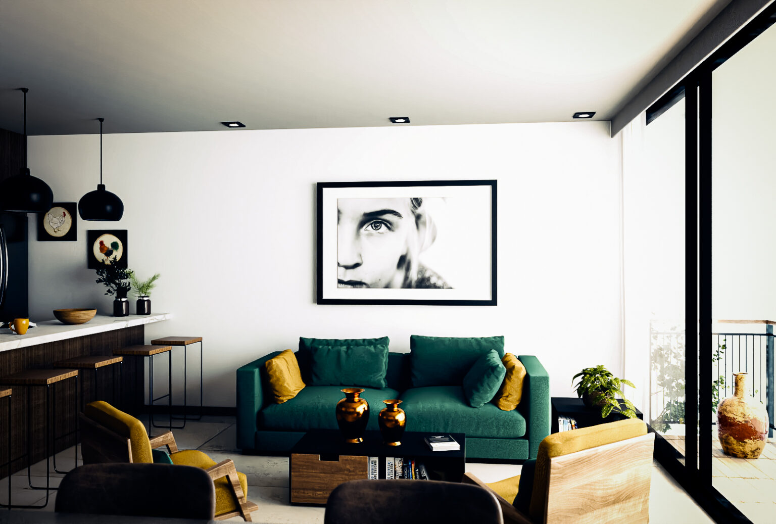 "Sala de estar moderna con mobiliario verde y mostaza"