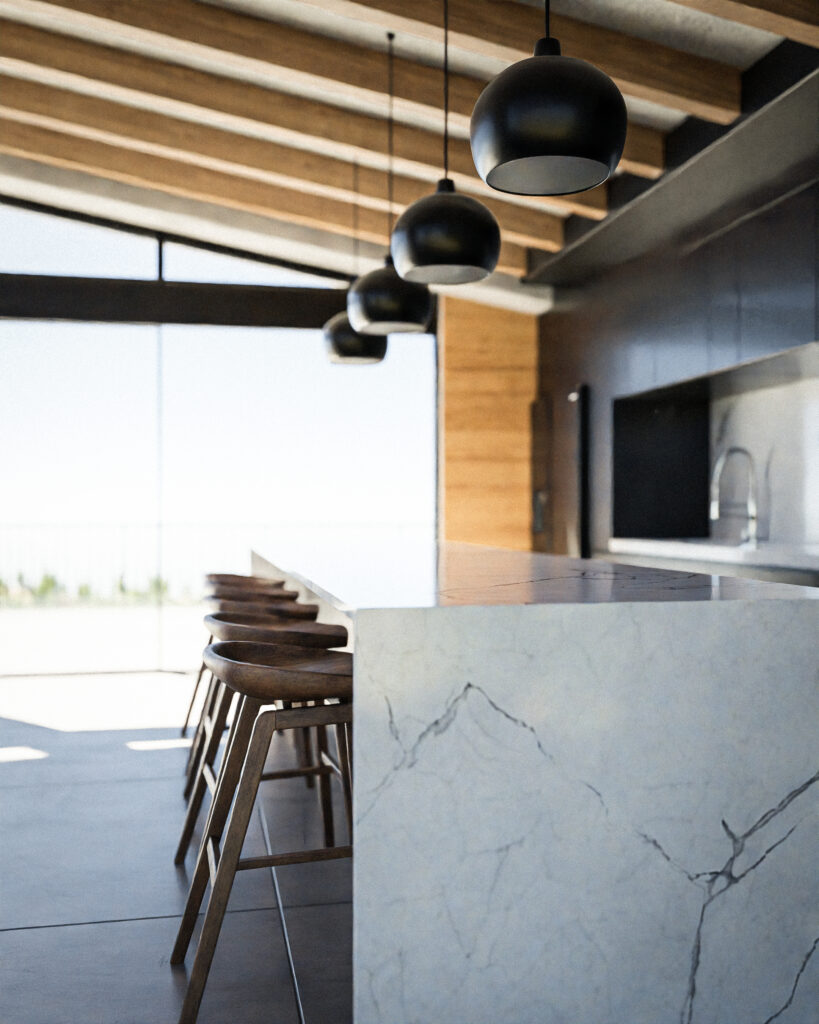Cocina moderna con isla de mármol blanco, gabinetes negros y vigas de madera