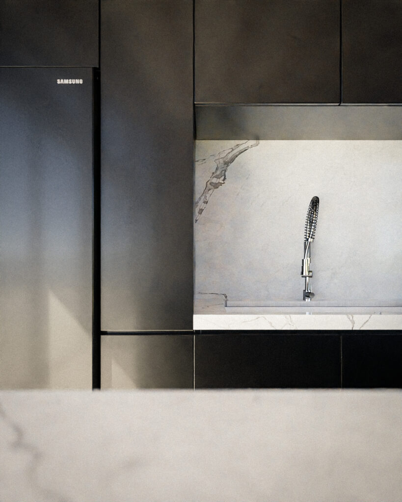 Cocina moderna con isla de mármol blanco, gabinetes negros y vigas de madera