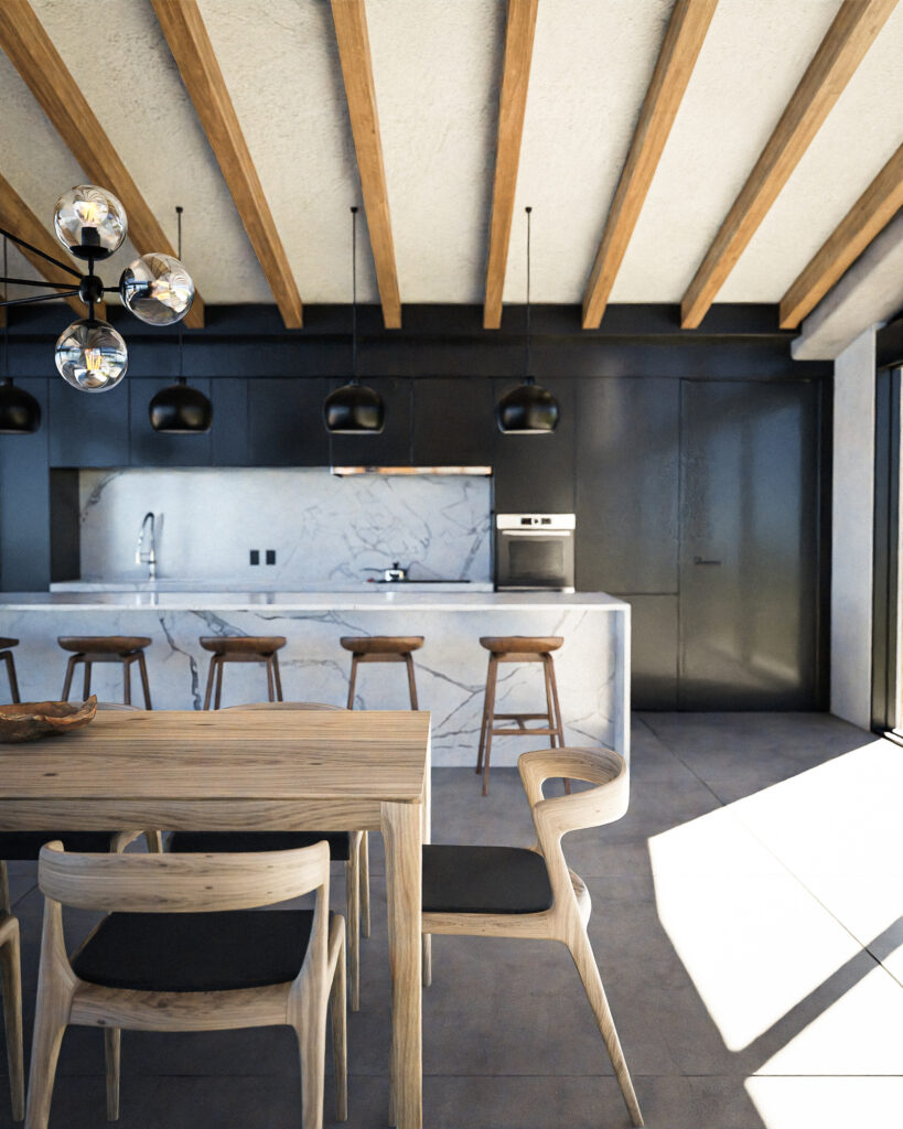 Cocina moderna con isla de mármol blanco, gabinetes negros y vigas de madera