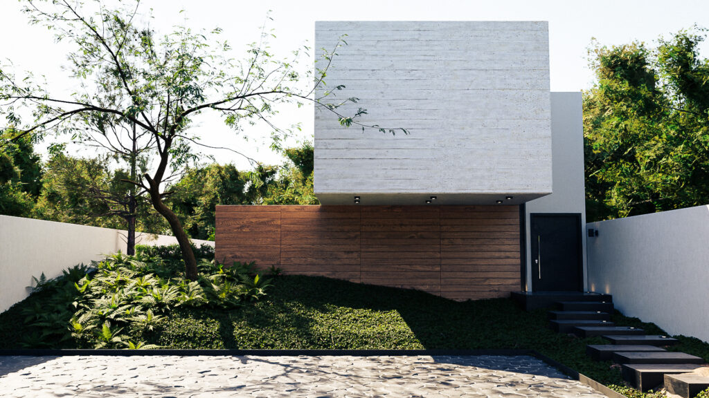 "Fachada principal de Casa Blanco con volumen flotante de concreto y muros de madera"