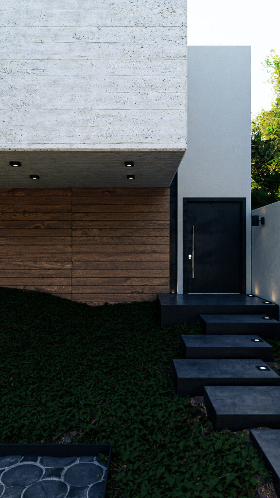 "Fachada principal de Casa Blanco con volumen flotante de concreto y muros de madera"