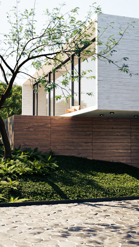 "Fachada principal de Casa Blanco con volumen flotante de concreto y muros de madera"