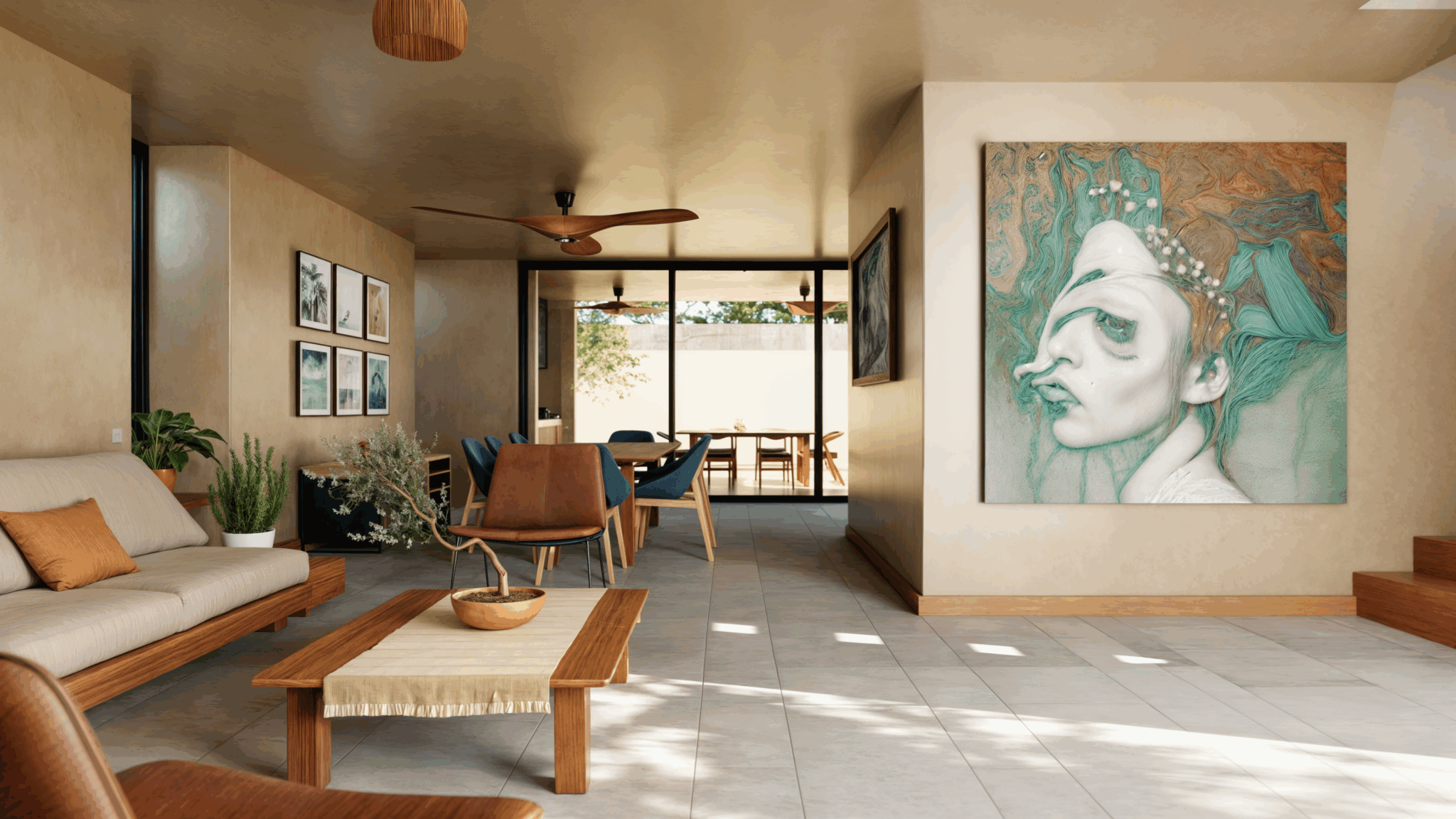 Sala de estar de Casa Ana con tonos cálidos, mobiliario de madera y gran cuadro decorativo, abierta hacia el jardín