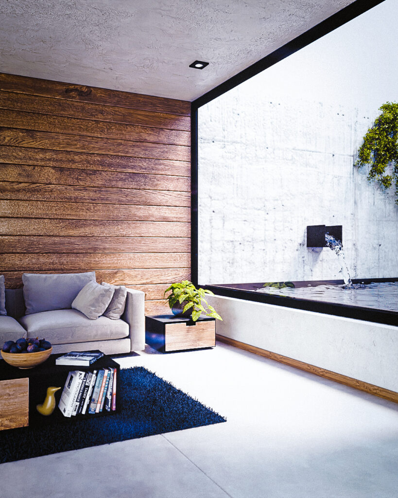 "Sala interior con muros de concreto, detalles en madera y vista al espejo de agua"