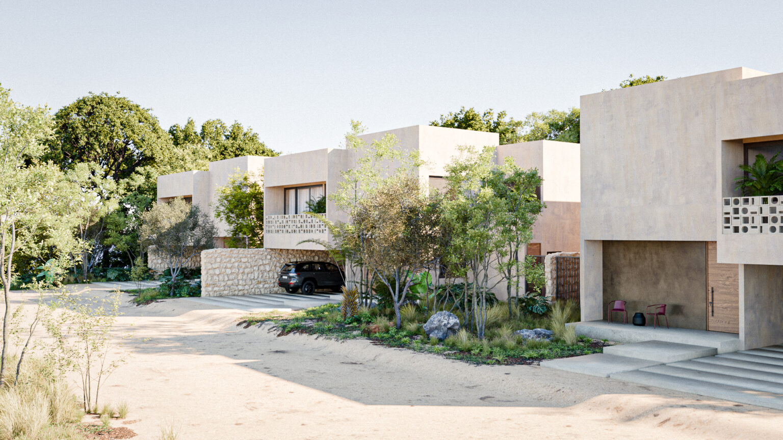 "Proyecto residencial Kaanil Kaj (2026) diseñado por Eduardo Leñero. Desarrollo de 3 casas en venta con fachadas de piedra, celosías y diseño de interiores."
