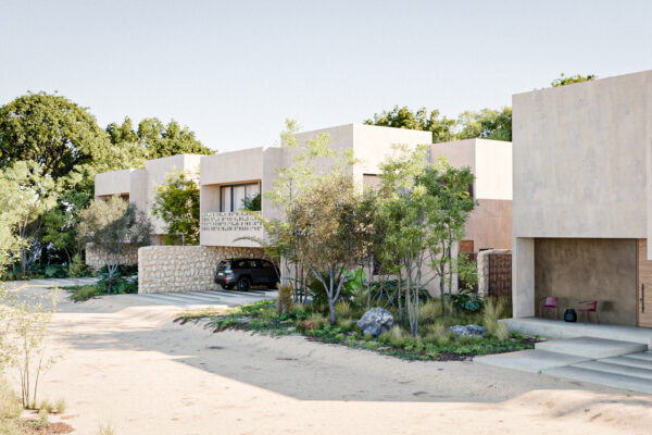 "Proyecto residencial Kaanil Kaj (2026) diseñado por Eduardo Leñero. Desarrollo de 3 casas en venta con fachadas de piedra, celosías y diseño de interiores."