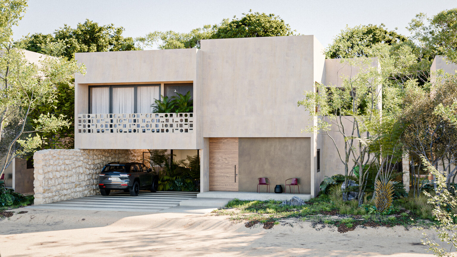 Fachada principal de casa Kaanil Kaj mostrando cochera techada, balcón con celosía geométrica y puerta de madera