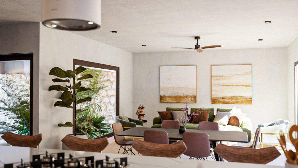 Área social de concepto abierto con sala de estar, comedor, ventanal hacia jardín de piedra y arte abstracto