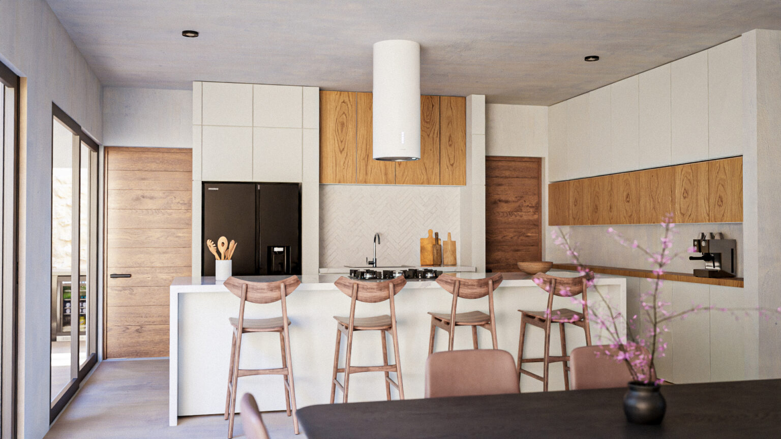Cocina moderna de diseño con isla central, campana extractora cilíndrica blanca y gabinetes de madera