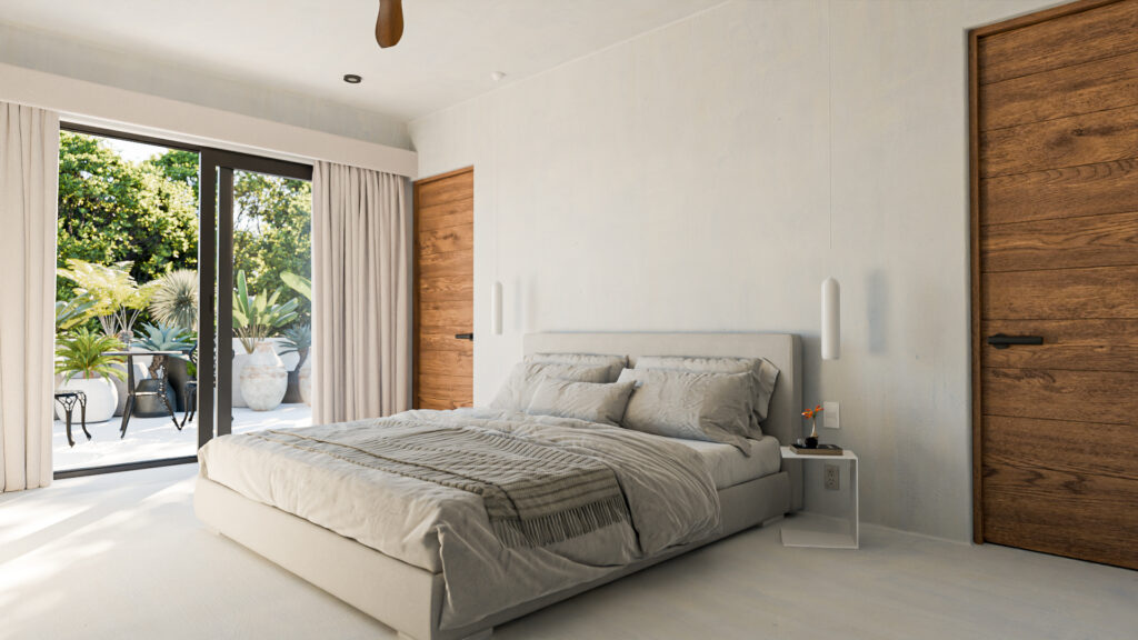Recámara principal con muros blancos, cama king size, lámparas colgantes y ventanal hacia balcón privado