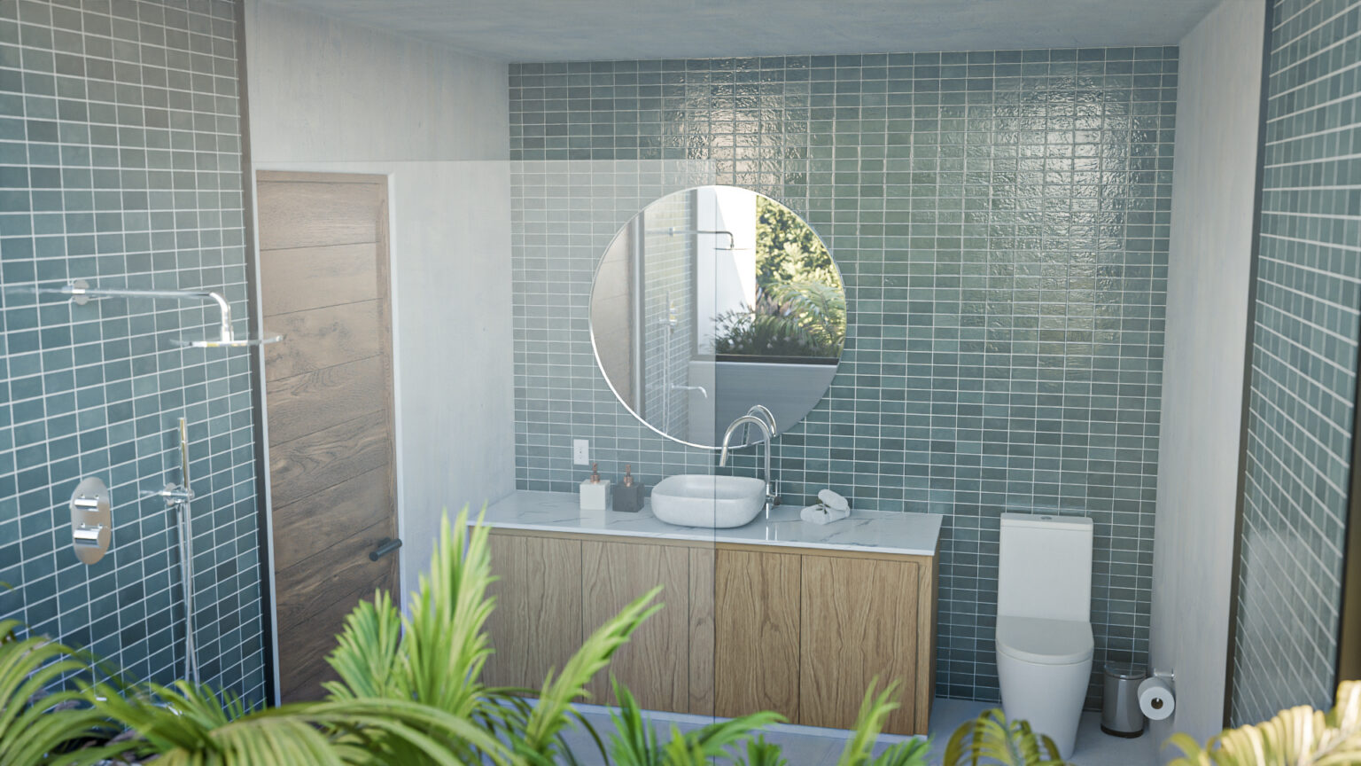 Baño principal destacado por muro de azulejos verdes brillantes, espejo circular, mueble de madera y cancel de cristal