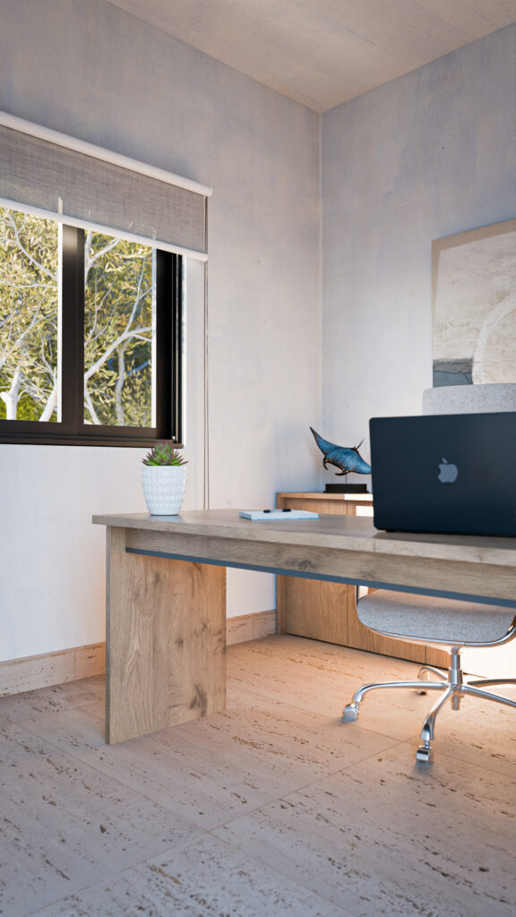 Estudio u oficina privada en planta baja con piso travertino, escritorio para trabajar en computadora