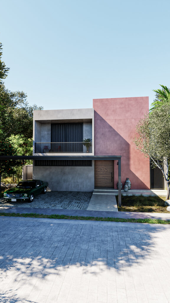 Fachada principal de Casa OOL con volumen de concreto gris, bloque pigmentado terracota y cochera techada