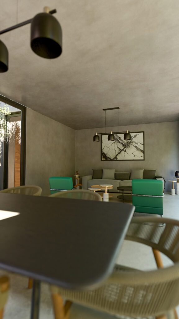 Área social de Casa OOL con muros de concreto aparente, sillones verdes de acento y arte abstracto