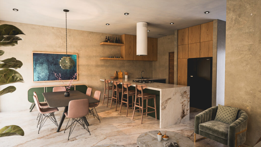 Cocina moderna de madera natural de estilo industrial en Casa Roma