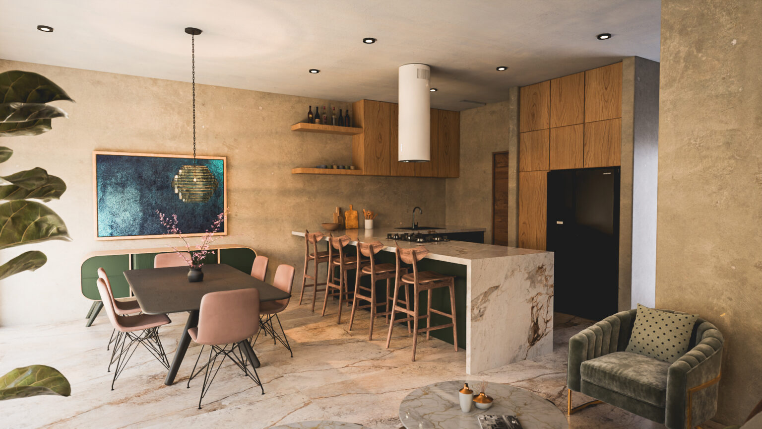Cocina moderna de madera natural de estilo industrial en Casa Roma