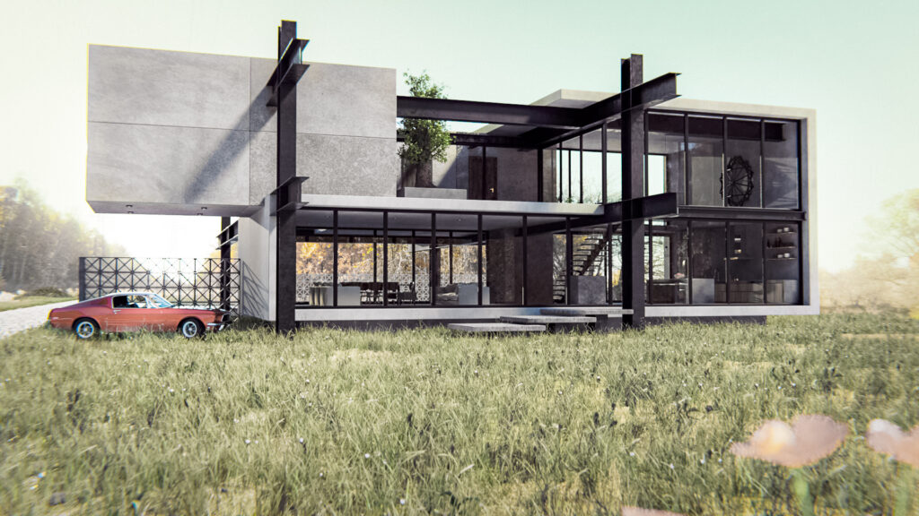 Casa de estilo industrial con estructura expuesta de acero negro, cristal y concreto