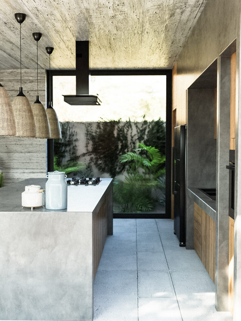 cocina de concreto pulido con techo de concreto aparente y ventanales con vista a pasillo de vegetación