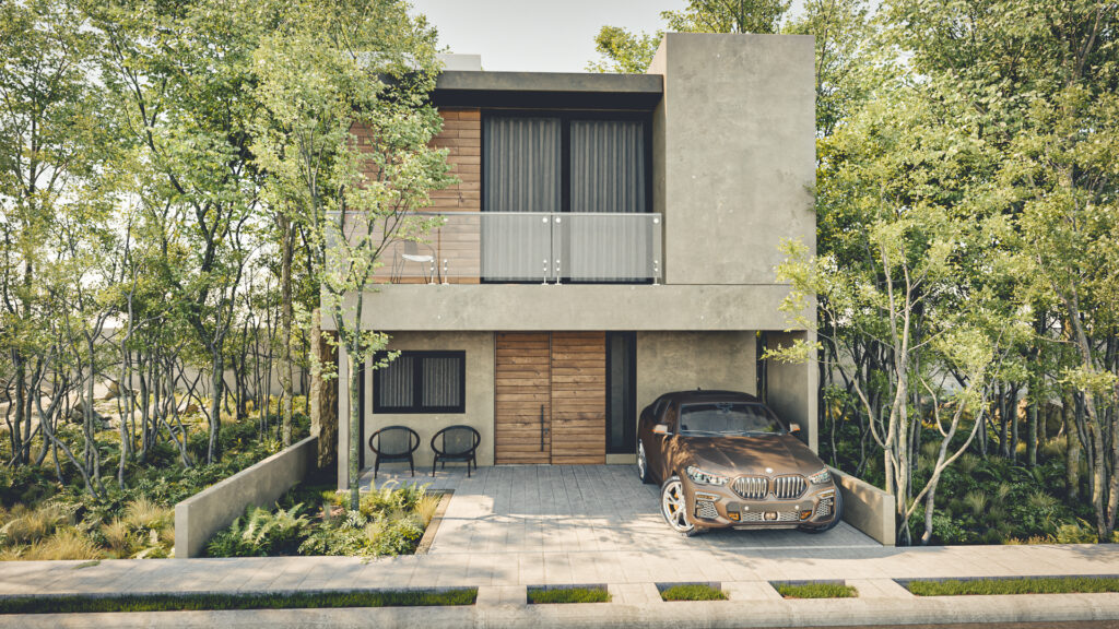 Fachada moderna de estilo industrial en Casa Roma