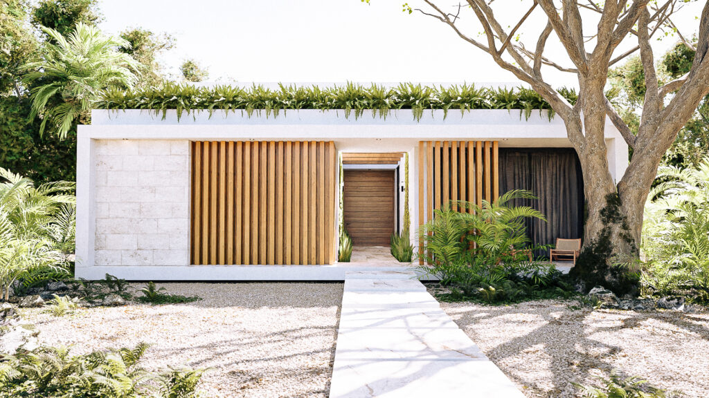 Fachada principal con listones de madera verticales, piedra Galarza y árbol monumental