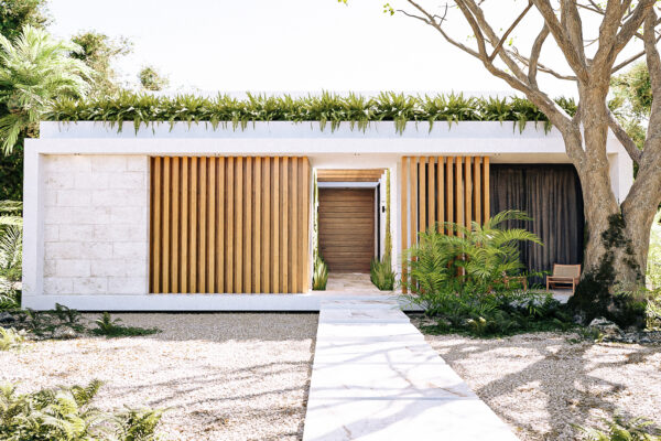 Fachada principal con listones de madera verticales, piedra Galarza y árbol monumental