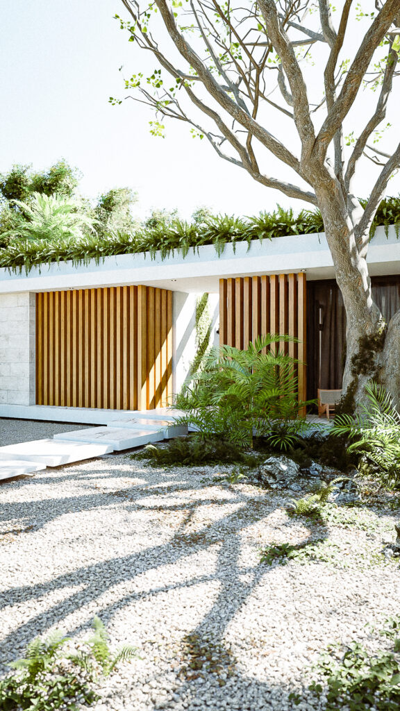 Fachada principal con listones de madera verticales, piedra Galarza y árbol monumenta