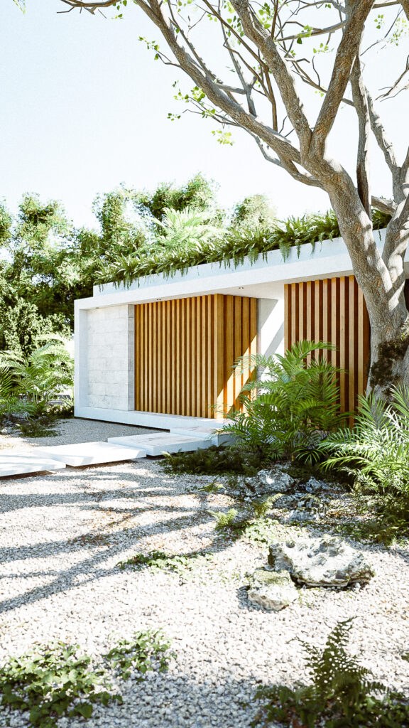 Fachada principal con listones de madera verticales, piedra Galarza y árbol monumenta