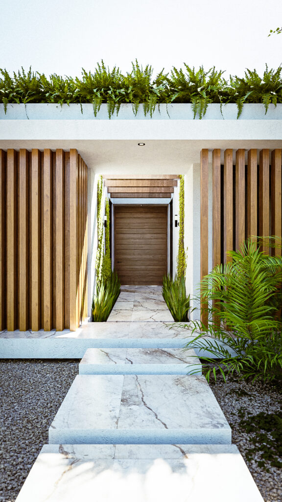 Detalle de fachada moderna con listones de madera y jardín frontal de grava en Casa Galarza