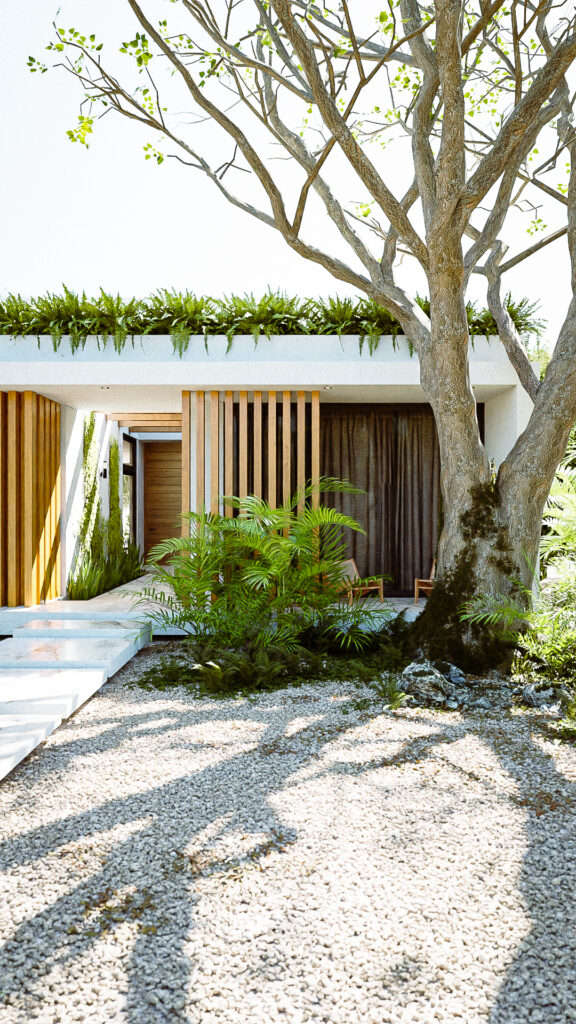 Fachada principal con listones de madera verticales, piedra Galarza y árbol monumenta