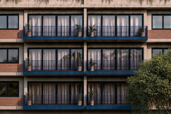 Edificio VG en Puerto Morelos por el arquitecto Eduardo Leñero. Desarrollo vertical con fachada de concreto, ladrillo rojo, balcones azules e interiores cálidos.