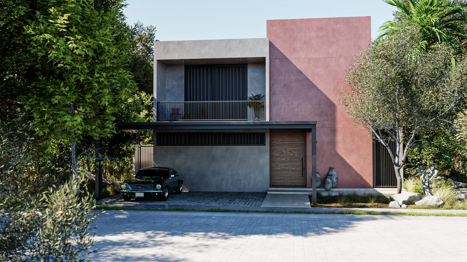 Fachada principal de Casa OOL con volumen de concreto gris, bloque pigmentado terracota y cochera techada