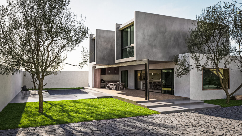 Fachada posterior de casa moderna con terraza techada, alberca y bloques de concreto aparente