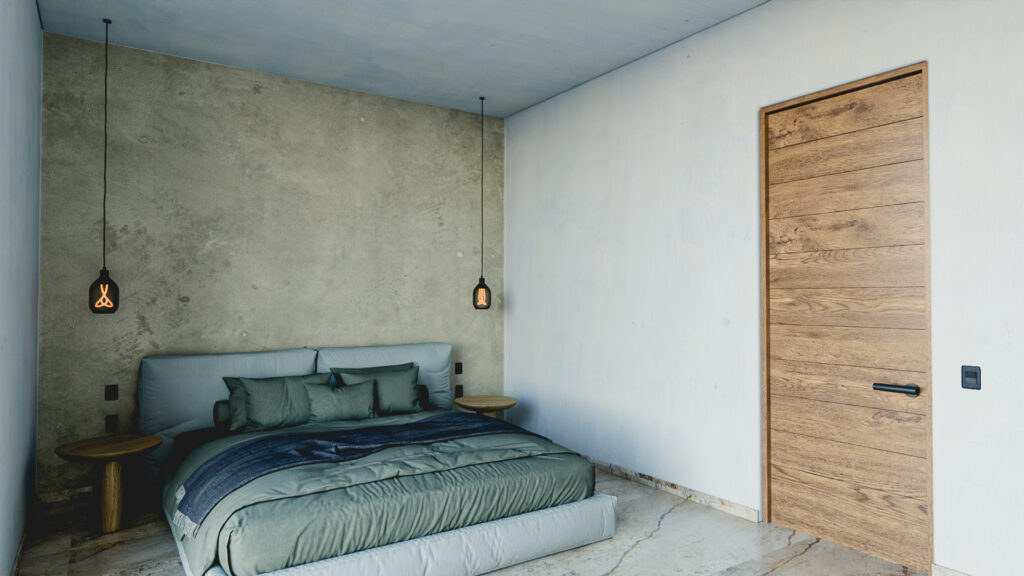 recamara con muro de concreto aparente estilo industrial en Casa Roma