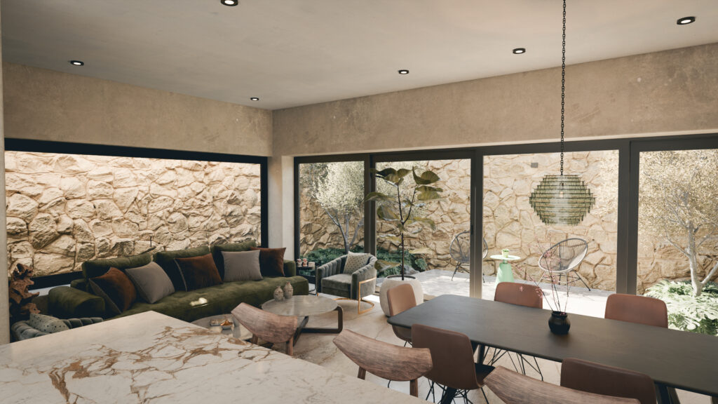 Estancia o sala cálida con iluminación natural y de estilo industrial en Casa Roma