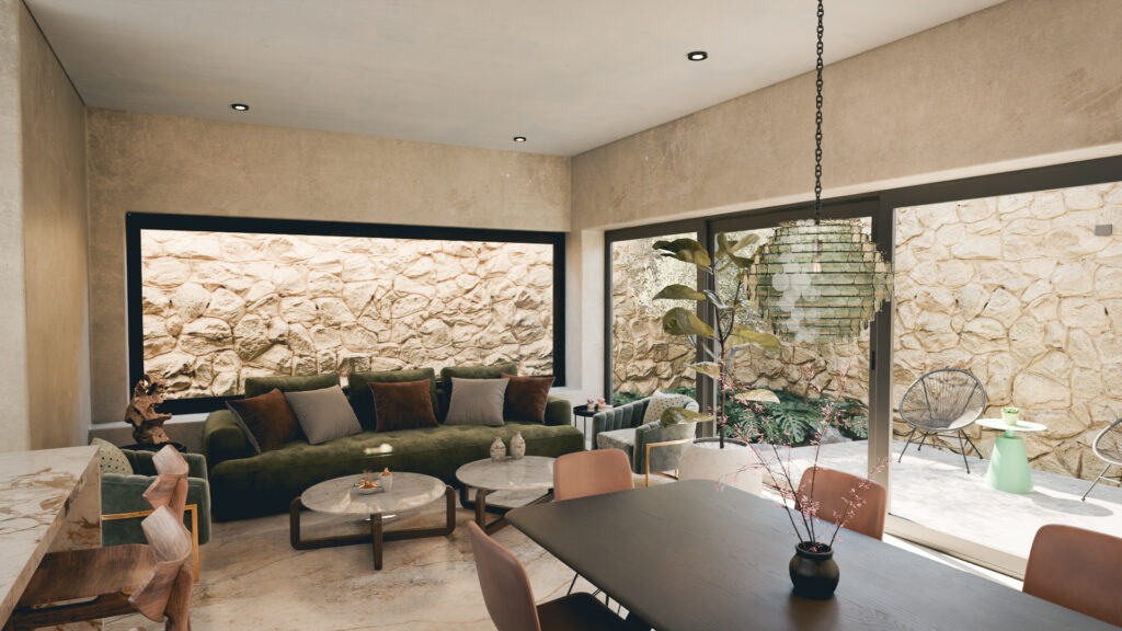Estancia o sala cálida con iluminación natural y de estilo industrial en Casa Roma