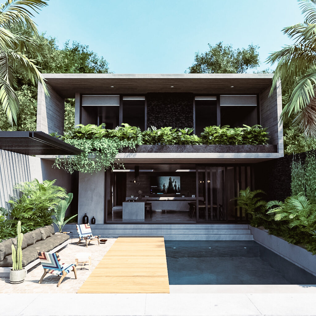 Fachada tropical con volados de concreto, jardinera desbordante y terraza abierta hacia la alberca