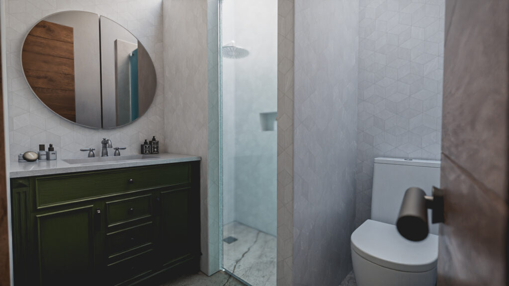 baño y regadera con iluminación natural y de estilo industrial en Casa Roma