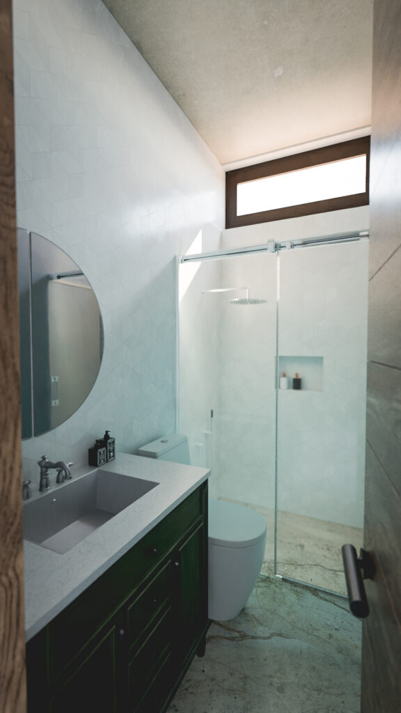 baño y regadera con iluminación natural y de estilo industrial en Casa Roma