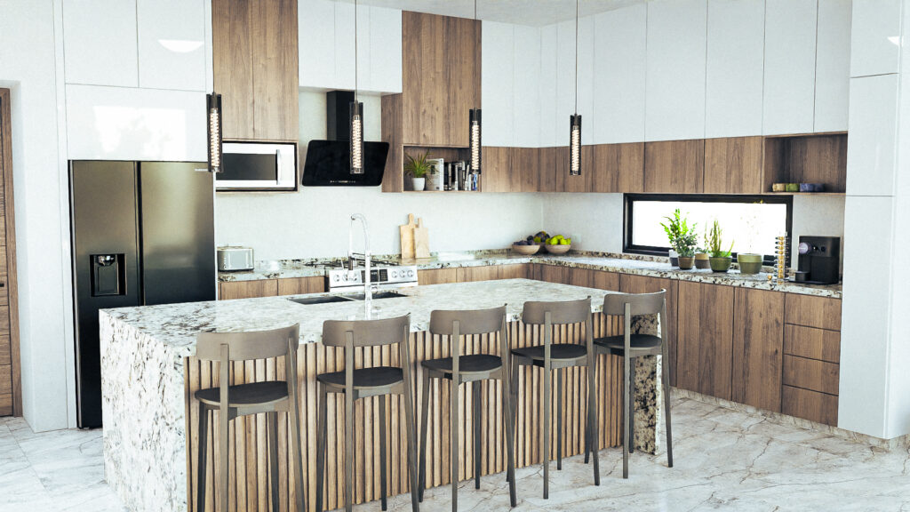 Cocina moderna con isla central de granito y base de listones de madera en Casa Galarza