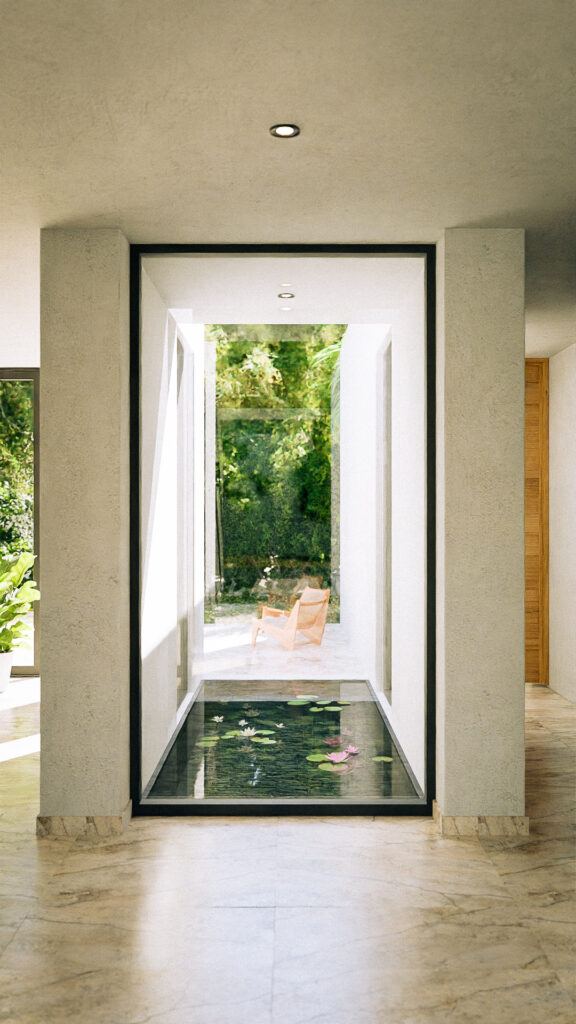 Patio interior con espejo de agua y sillas de madera tejida