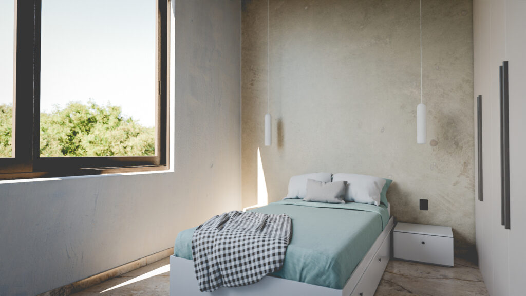 recamara con muro de concreto aparente estilo industrial en Casa Roma