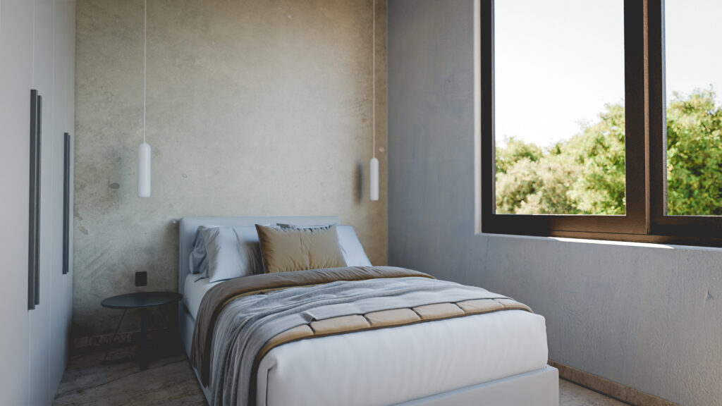 recamara con muro de concreto aparente estilo industrial en Casa Roma
